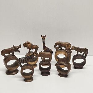 African Wood Carved Safari Animal Napkin Rings jungle theme Made In Kenya VTG